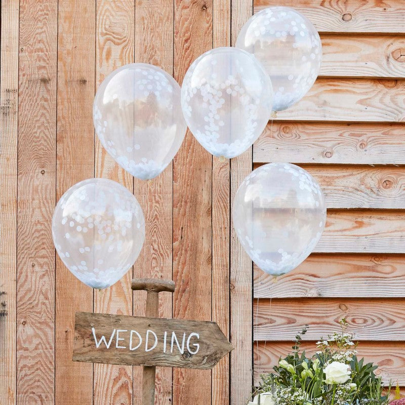 Rustic Country 12" latex balloons with white confetti, pack of 5, perfect for charming celebrations and decor.