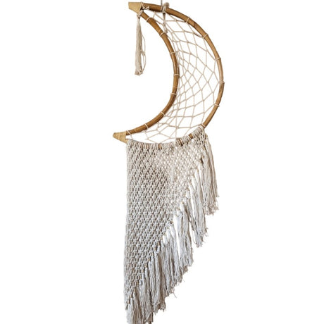 White half moon dreamcatcher, 60cm, featuring delicate design, feathers, perfect for adding bohemian charm to any space.