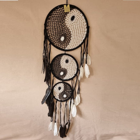 Yin Yang 3 Hoop Dreamcatcher, 32cm, handcrafted with intertwined hoops for harmony, beauty, and positive energy.