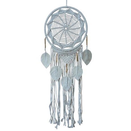 White Web 5 Leaf Dreamcatcher, 32cm, elegantly crafted to capture bad dreams and enhance your decor with bohemian charm.