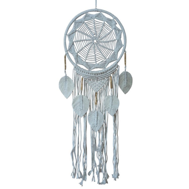 White Web 5 Leaf Dreamcatcher, 32cm, elegantly crafted to capture bad dreams and enhance your decor with bohemian charm.