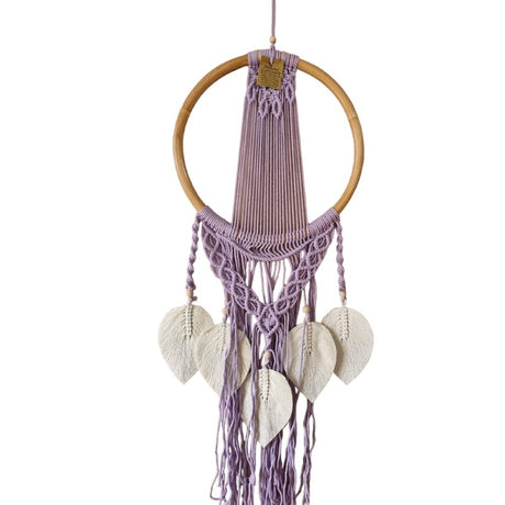 Purple dreamcatcher adorned with 5 white leaves, 32cm, perfect for adding color and positivity to any space.