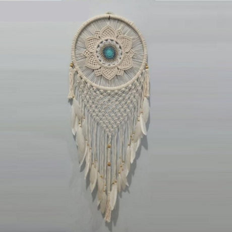 Natural 40cm dreamcatcher adorned with teal flowers, feathers, and twine, perfect for home decor and spiritual protection.