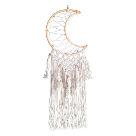 Elegant 25cm white half moon dreamcatcher with delicate feathers and beads, ideal for home decor and positivity.