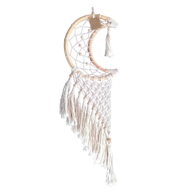 White half moon wall hanging with tassels, 25cm, enhancing minimalist bohemian decor in any room.