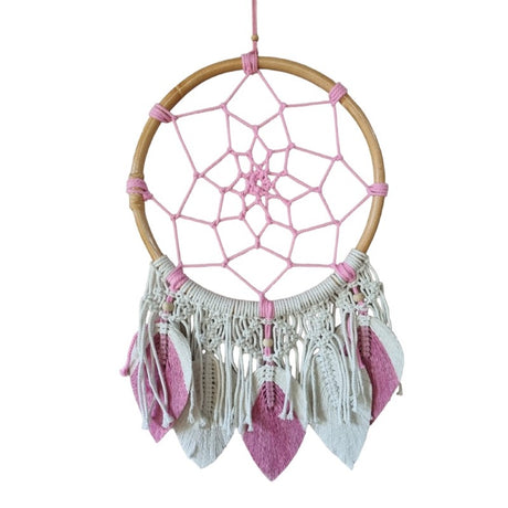 Handcrafted 32cm dreamcatcher featuring intricate Flower of Life design and vibrant pink leaves for serene home decor.