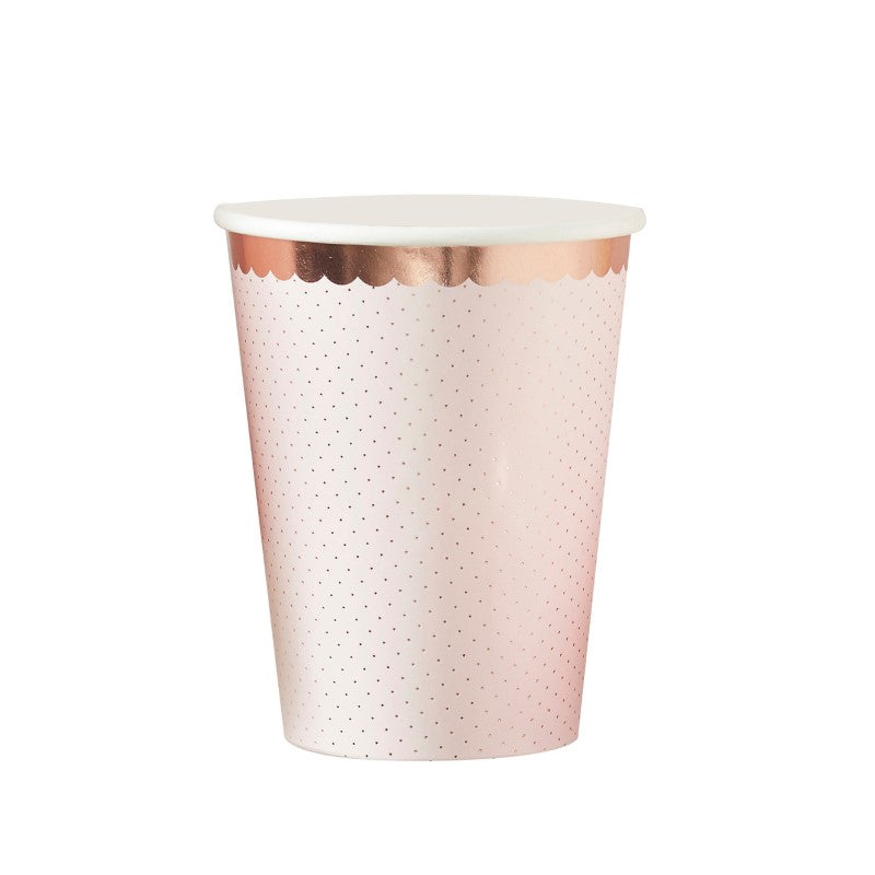 Ditsy Floral Paper Cups in Polka Dot Rose Gold, perfect for parties, featuring elegant floral designs and durable foiled paper.