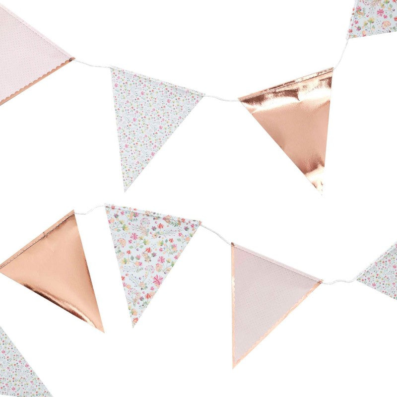 Ditsy Floral & Rose Gold Bunting, 3.5m long with 27 unique flags, perfect for elegant celebrations and home decor.