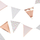 Ditsy Floral & Rose Gold Bunting, 3.5m long with 27 unique flags, perfect for elegant celebrations and home decor.