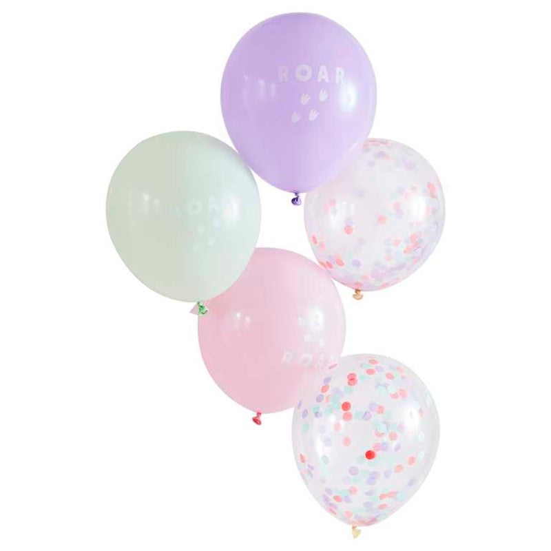 12" pastel pink dinosaur balloons featuring "ROAR" and confetti designs, perfect for dino-themed parties. Pack of 5.