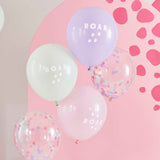 12" Dino Pink Balloon Bundle with 'ROAR' prints and confetti, perfect for dinosaur-themed parties and celebrations.