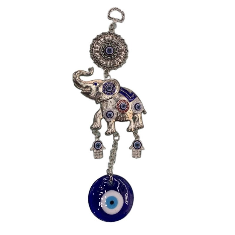 Evil Eye Elephant charm combining protective glass design with elephant symbolism for fortune and defense against negativity.