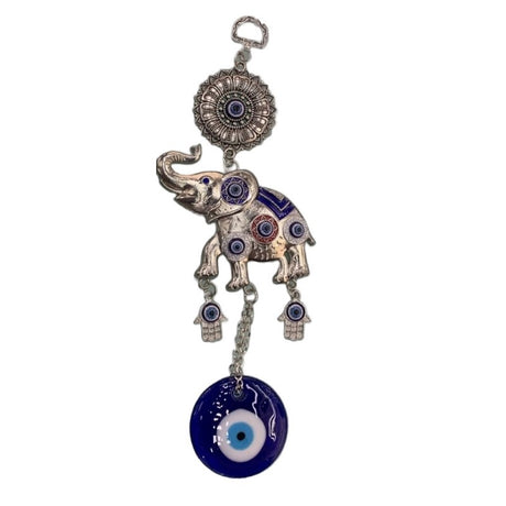 Evil Eye Elephant charm combining protective glass design with elephant symbolism for fortune and defense against negativity.