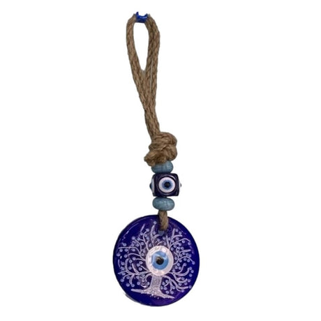 Evil Eye amulet featuring Tree of Life, symbolizing protection and growth; handcrafted glass for spiritual elegance.
