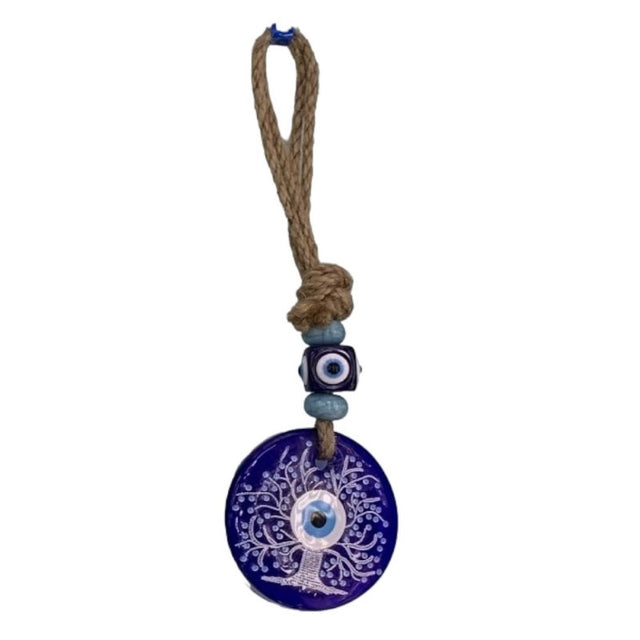 Evil Eye amulet featuring Tree of Life, symbolizing protection and growth; handcrafted glass for spiritual elegance.