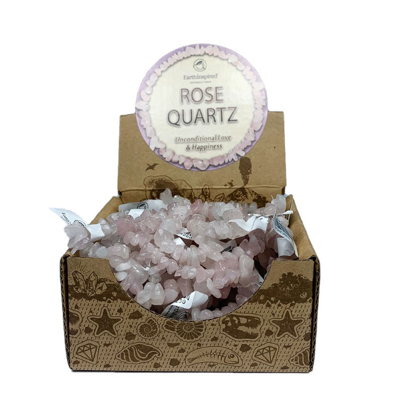 Pack of 25 Rose Quartz 5mm chip bracelets in a stylish display box, promoting love and emotional healing.