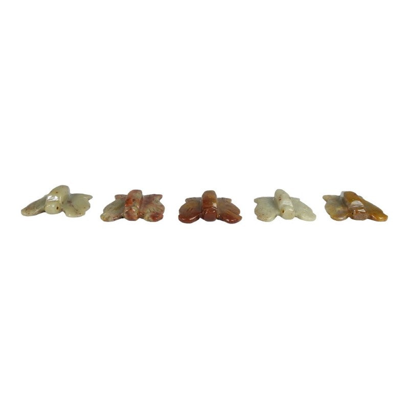 Handcrafted set of 5 unique butterfly soapstone carvings, each 3.5 x 3.2 cm, showcasing intricate details and vibrant colors.