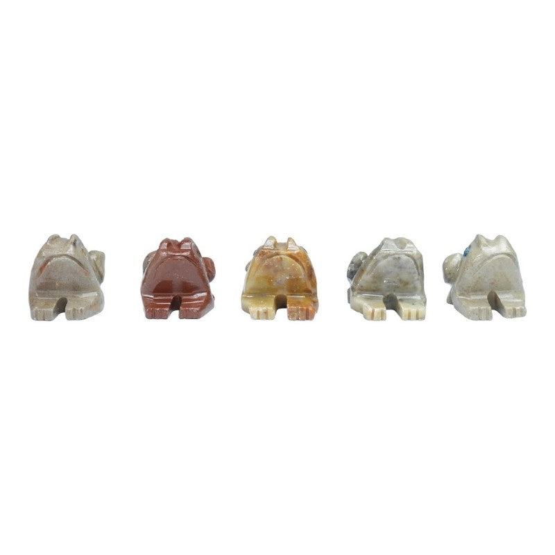 Hand-carved soapstone frog figurines in vibrant colors, perfect for home decor or unique gifts, showcasing wildlife artistry.