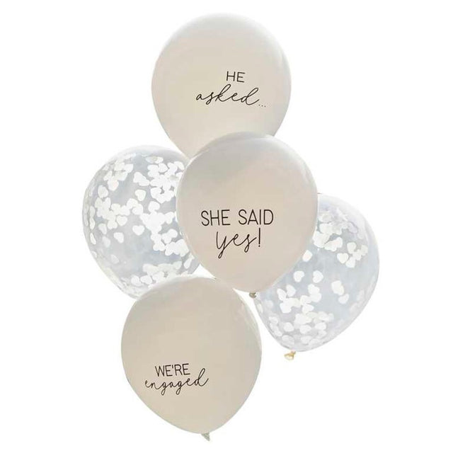 Engaged Balloon Bundle with 5 festive 12" balloons and heart confetti, perfect for making your engagement celebration special.