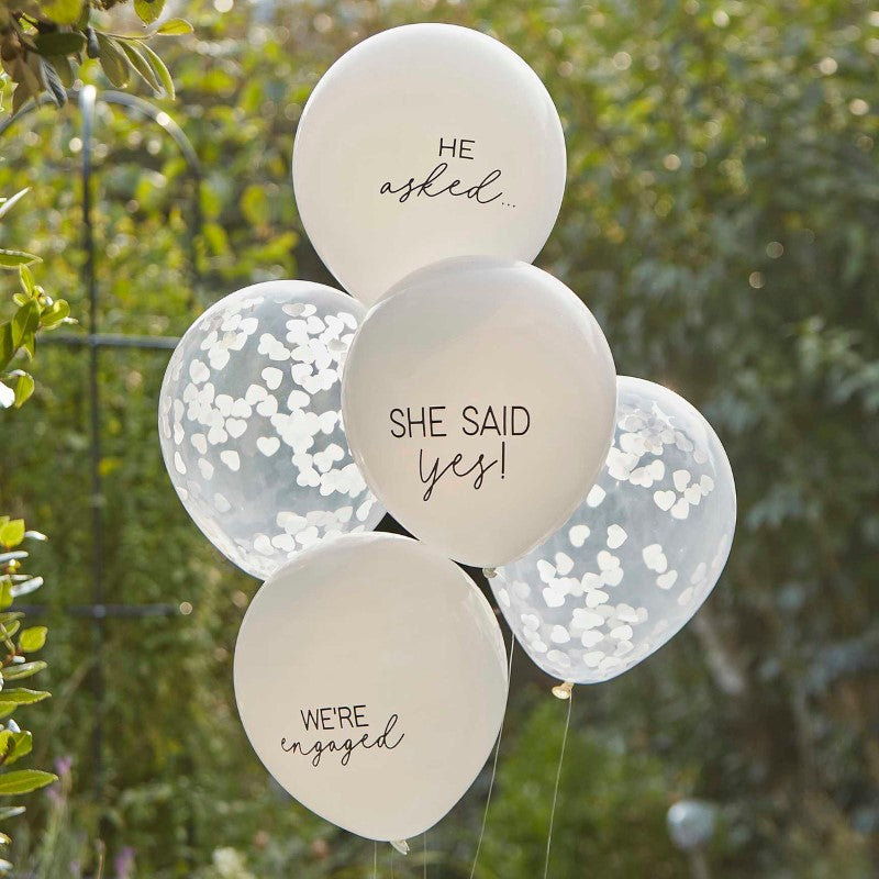 Engaged Balloon Bundle featuring 5 printed 12" balloons and clear confetti balloons for stylish engagement celebrations.