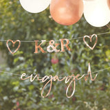 Rose gold engagement bunting, customizable with initials, 2m long, perfect for celebrations and memorable decorations.