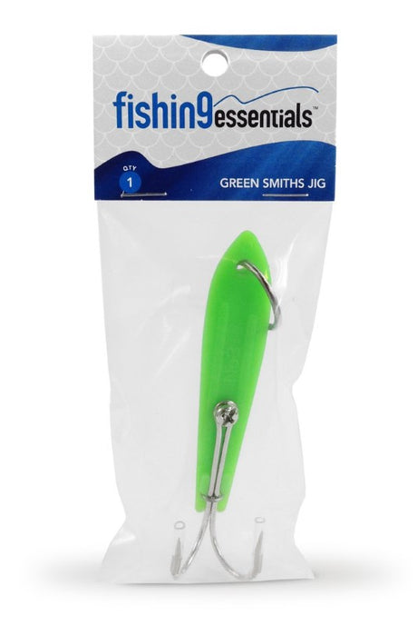 Fishtech Green Smiths Jig, a vibrant lure designed for Kahawai fishing in New Zealand, featuring a strong double hook.