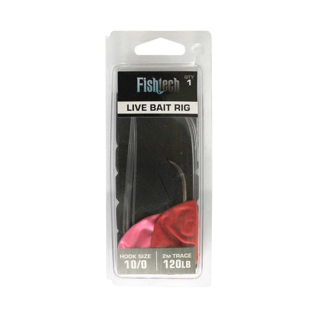 Fishtech 10/0 Live Bait Rig with 120lb trace line, a sharp hook, and balloons for effective live bait fishing.