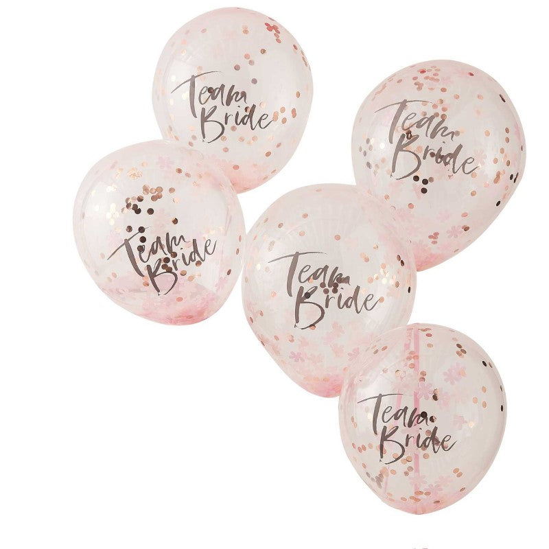 Floral Hen Party confetti balloons featuring pink and rose gold decor, perfect for Team Bride celebrations. Pack of 5.