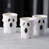 Halloween-themed paper cups featuring spooky designs, perfect for any festive gathering; pack of 8, 266ml capacity.