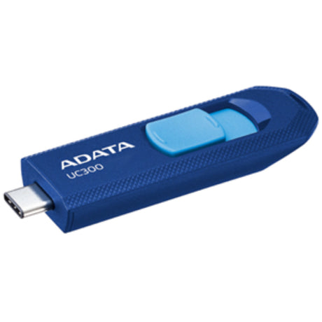 Blue ADATA UC300 Retractable USB3.2 Type-C 64GB Flash Drive with capless design, fast 100MB/s transfers, and lanyard hole.