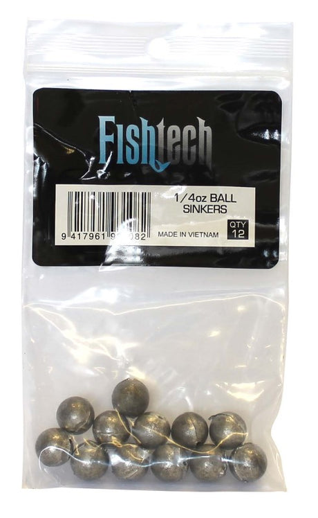 Fishtech Ball Sinkers pack of 12, 1/4oz each, designed for precise casting and effective current navigation for fishing.