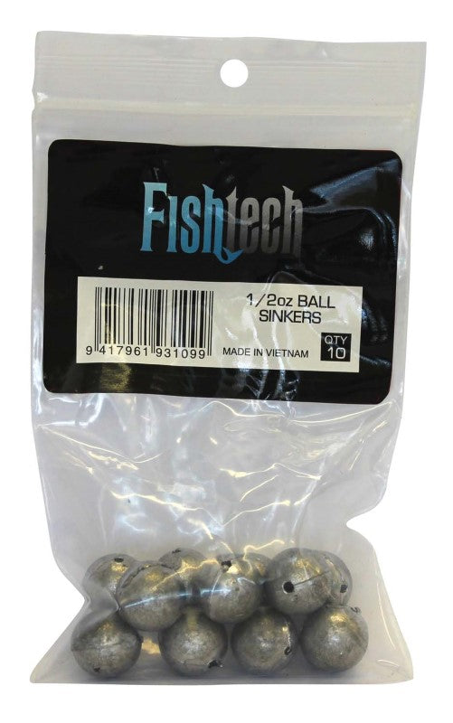 Fishtech 1/2oz ball sinkers in a pack of 10, designed for precise casting and effective bait presentation in any water conditions.