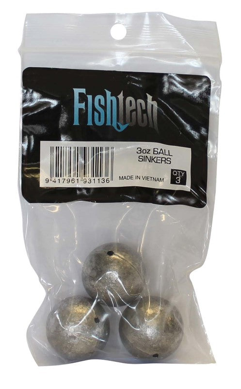 Fishtech Ball Sinkers 3oz pack of 3 designed for optimal casting accuracy and stability in fresh and saltwater fishing.