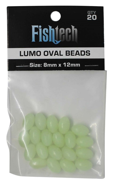 Lumo oval fishing beads - 8x12mm, 20-pack, glow-in-the-dark for deep water fishing and tackling rig issues.