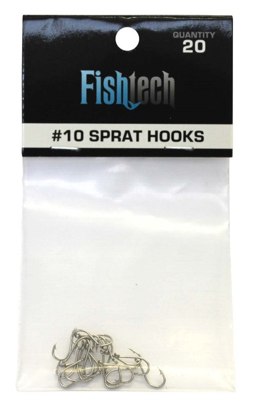 Fishtech #10 Sprat Hooks pack of 20, ideal for kids' fishing, sharp design for secure catches in freshwater and saltwater.