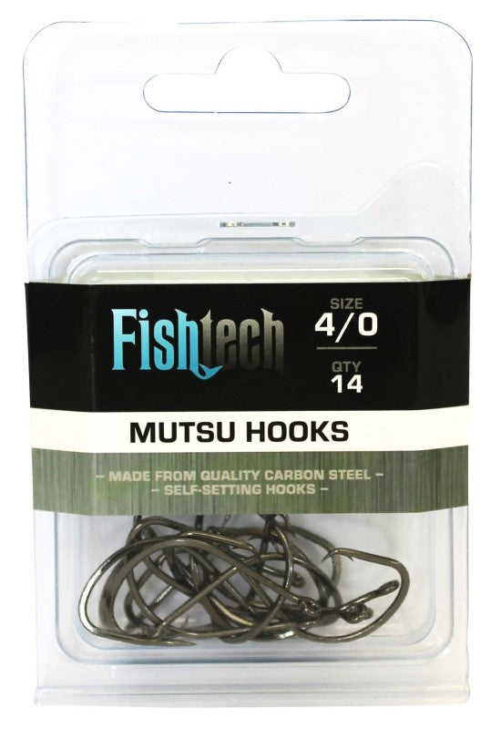 Ultra-sharp Fishtech Mutsu 4/0 hooks, 14 per pack, ideal for sport fishing and minimizing gut hooking.