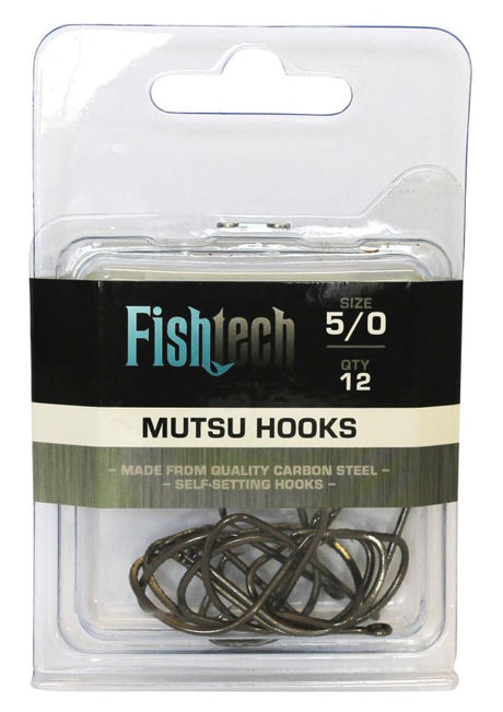 Fishtech Mutsu Hooks 5/0, 12 ultra-sharp self-setting hooks for sport fishing, ideal for Snapper and Trevally.