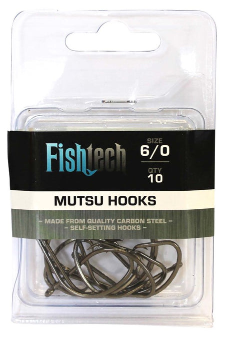 Ultra-sharp Fishtech Mutsu Hooks 6/0, perfect for sport fishing, ensuring secure hook-ups without gut hooking. Pack of 10.