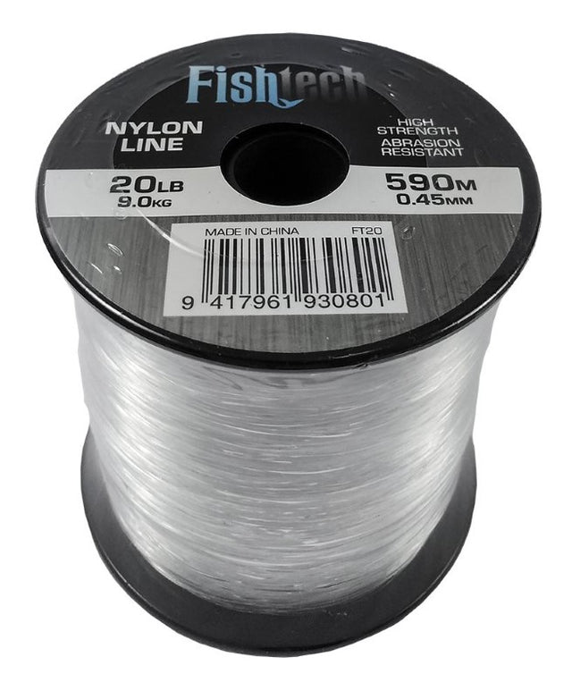 Fishtech 1/4 Pound Nylon Spool, 20lb test strength, 590m line for durable, reliable fishing in fresh and saltwater.