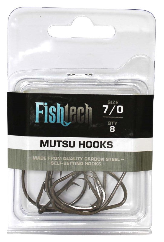 Fishtech Mutsu Hooks 7/0 pack of 8, ultra-sharp, self-setting hooks designed for successful sport fishing with minimal gut hooking.