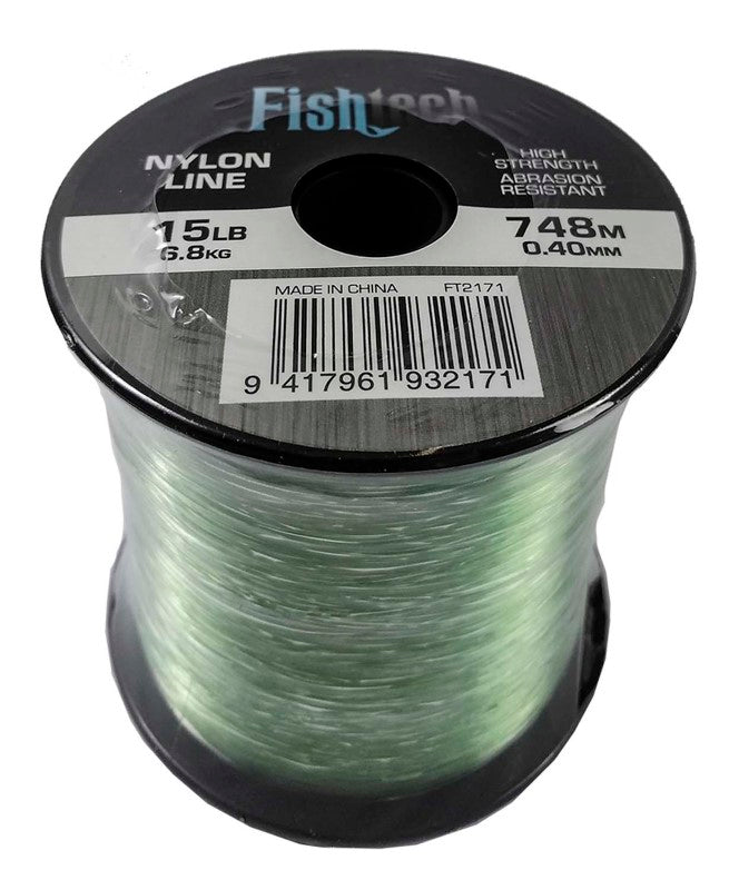 Fishtech 1/4 Pound Nylon Spool 15lb: Durable fishing line, 748m length, 0.40mm diameter, clear and green options, super strong.