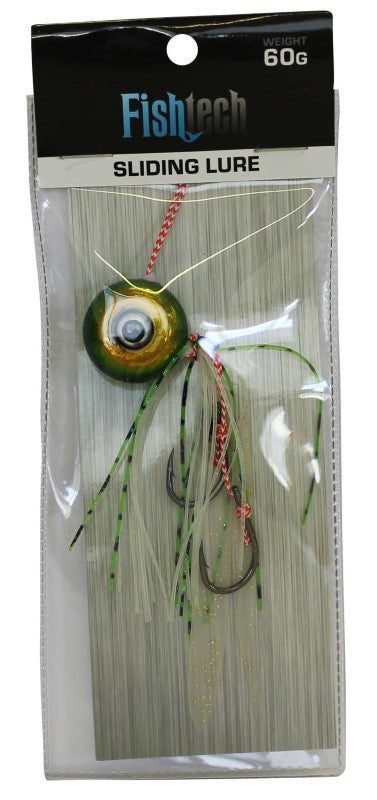 Green Fishtech 60g Slippery Slider Lure with shaped jig head and vibrant skirt, designed to attract various fish species.