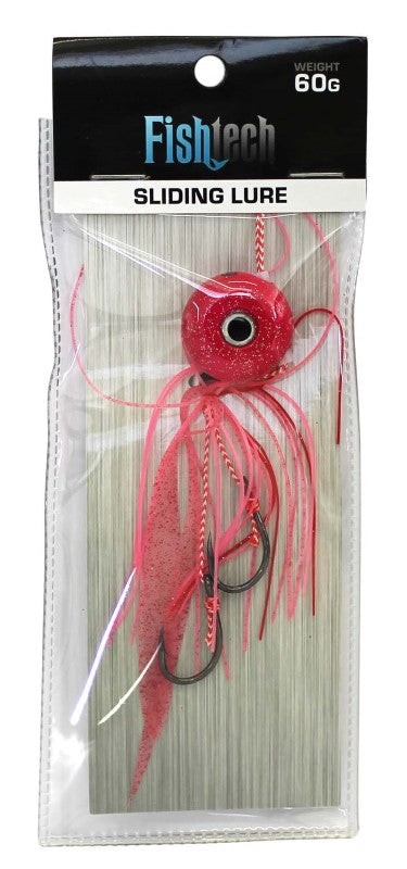 Image of the Fishtech 60g Slippery Slider Lure in pink, designed for optimal casting and fish attraction with a unique swinging head.