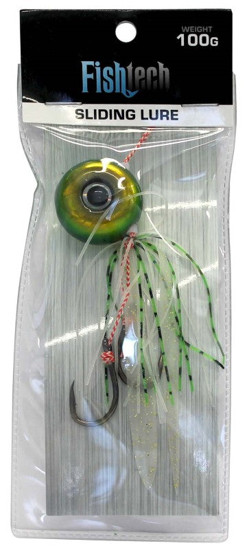 Vibrant green Fishtech 100g Slippery Slider Lure designed to attract fish with its natural swimming skirt and fluttering ties.