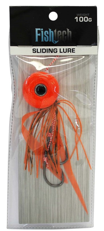 Vibrant orange Fishtech 100g Slippery Slider Lure with fluttering skirt, designed to attract fish effortlessly.