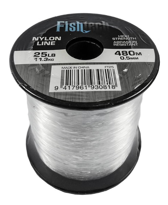 High-strength Fishtech 25lb nylon fishing line spool, 480m for reliable performance in any fishing condition.