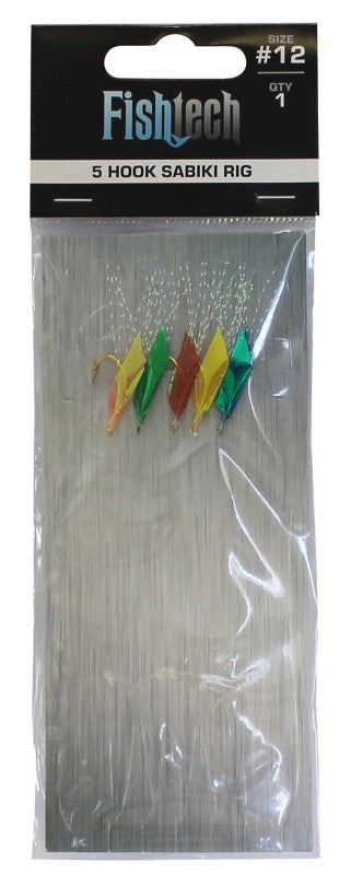 Fishtech 5 Hook Sabiki Rig with vibrant flashers for easy bait catching, ideal for mackerel and herring fishing adventures.