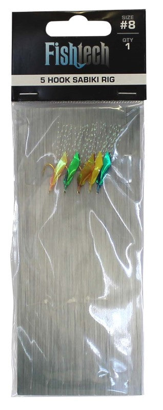 Fishtech 5 Hook Sabiki Rig, Size 8, with five hooks and flashers for effective bait fishing from wharfs, piers, or boats.