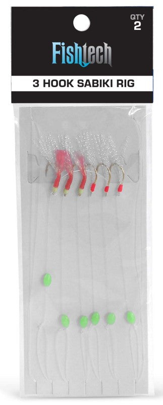 Fishtech 2 x 3 Hook Sabiki Rigs with needle-sharp hooks and vibrant beads for effective live bait fishing.