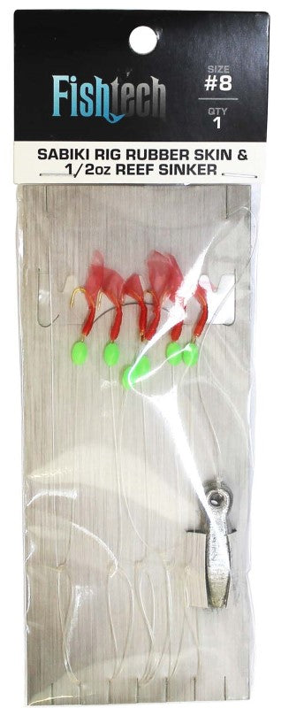 Fishtech Sabiki Rig with Rubber Skin, 5 hooks, 1/2oz Reef Sinker, designed for efficient live bait fishing.